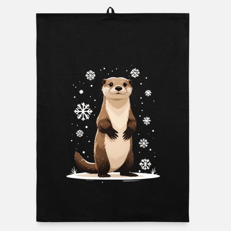 Winter otter with snowflakes Organic dish towel