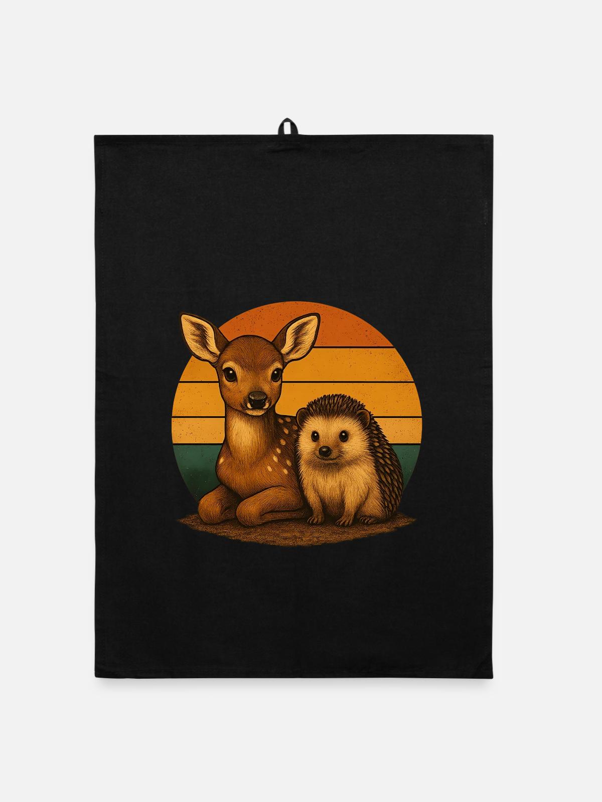 Hirsch Igel Retro Tierfreunde - Organic Geschirrtuch - Schwarz - Vorne