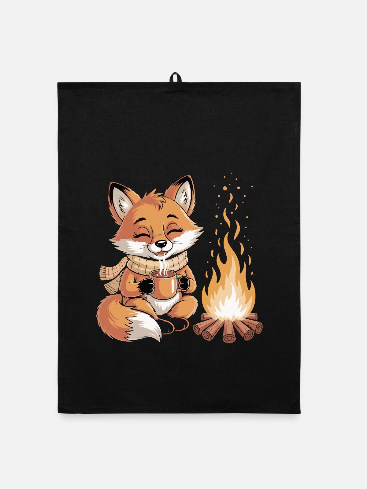 Kuschelfuchs am Lagerfeuer - Organic Geschirrtuch - Schwarz - Vorne