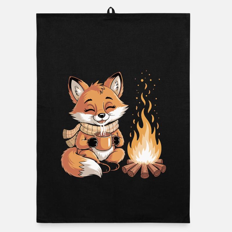 Cuddly fox at the campfire Organic dish towel