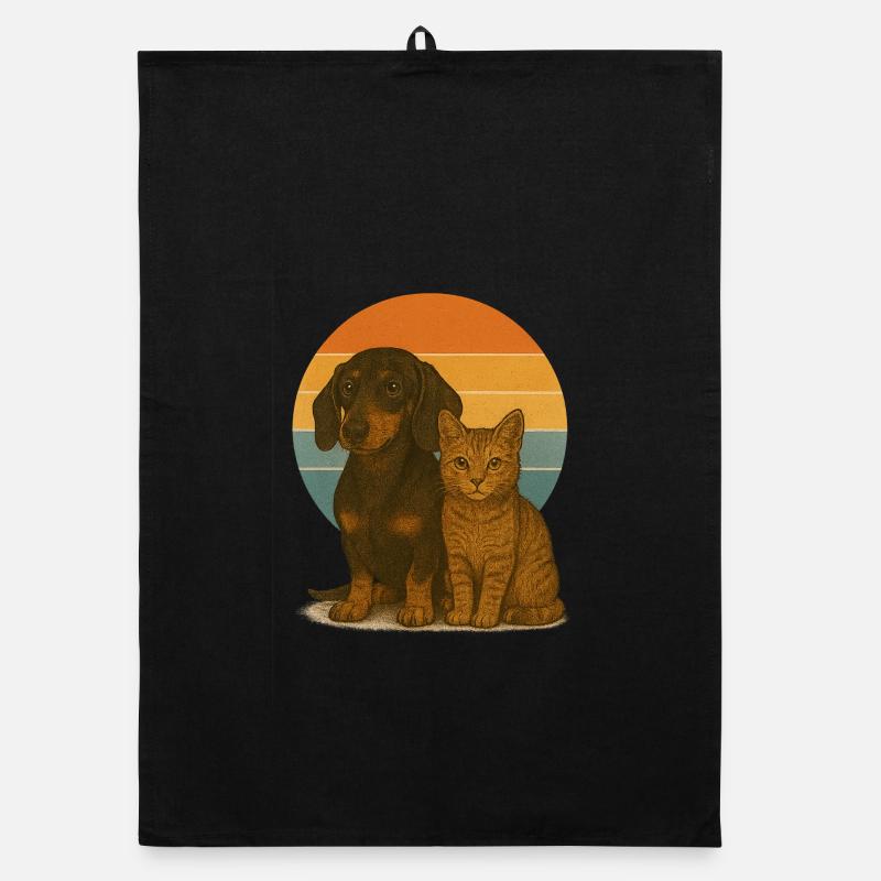 Dachshund and cat Organic dish towel