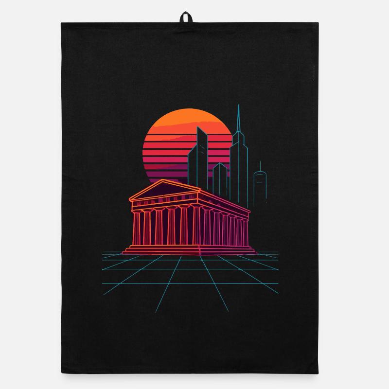 Neon Skyline Meets Ancient Columns - Athens Organic dish towel
