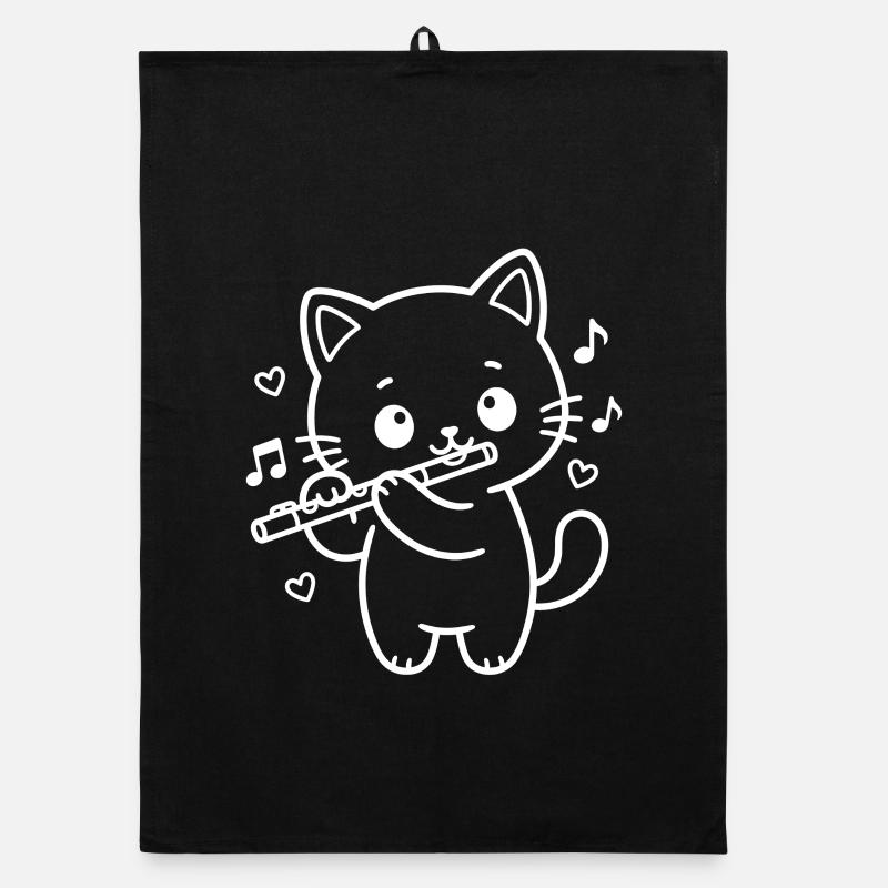 Kawaii Cat Playing Flute Organic dish towel