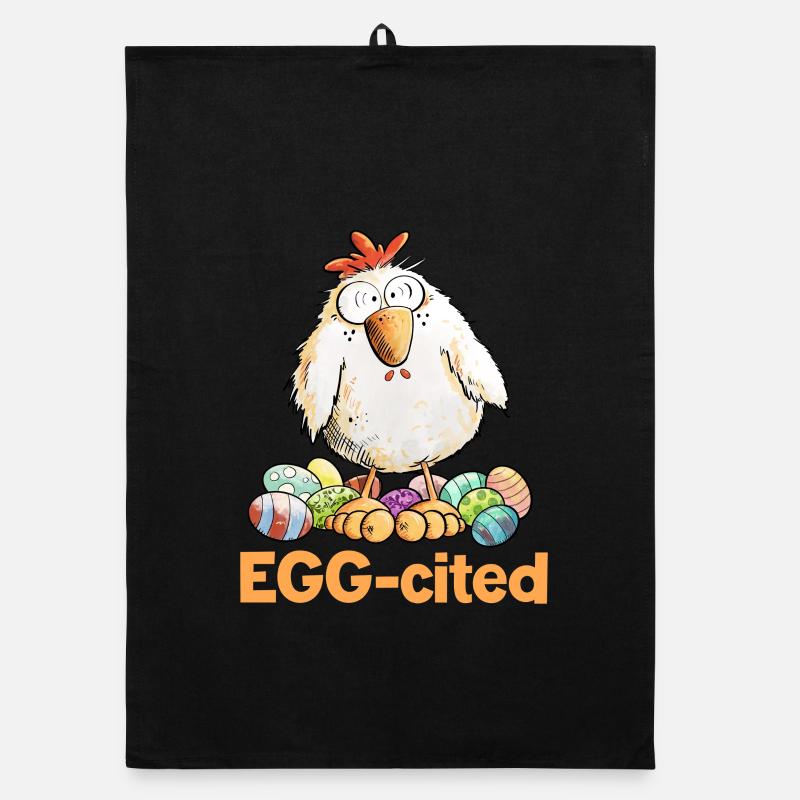 Excited Chicken with Easter Eggs Saying Eggcited Organic dish towel
