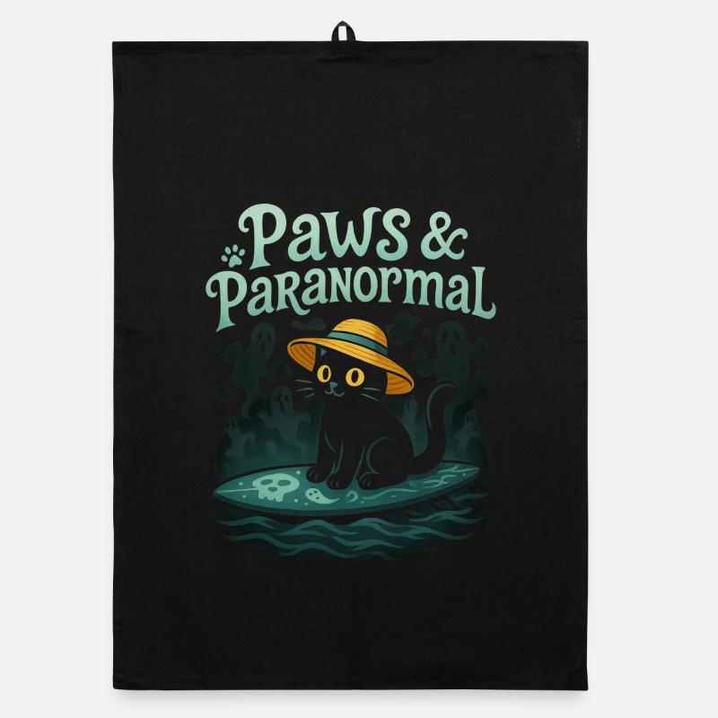 Paws & Paranormal: Black Cat Surfs with Ghost Organic dish towel