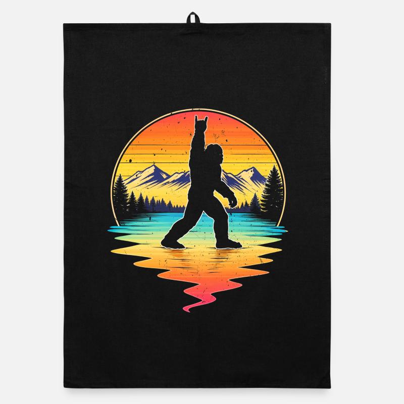 Bigfoot Rock On Shield Sasquatch Yeti Retro Organic dish towel