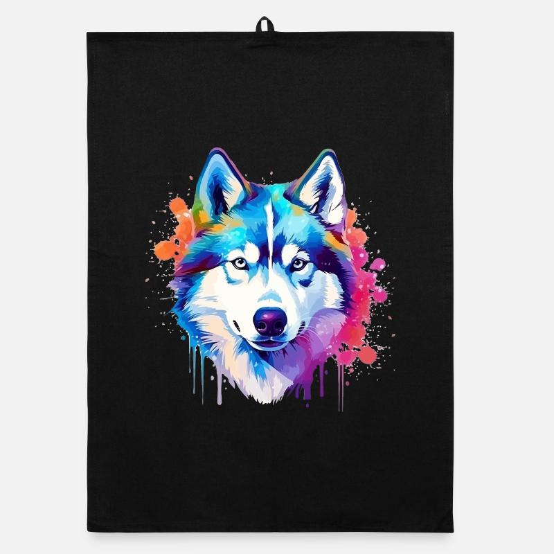 Art coloré de chien Husky éclaboussant Torchon bio