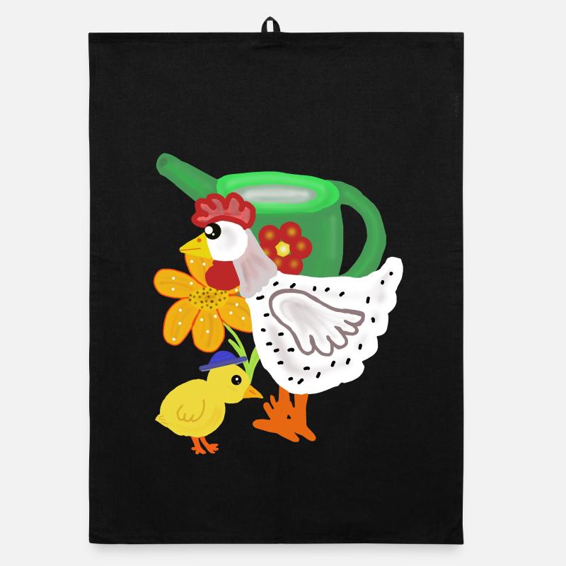Poulet et poussin dans le jardin fleuri Torchon bio