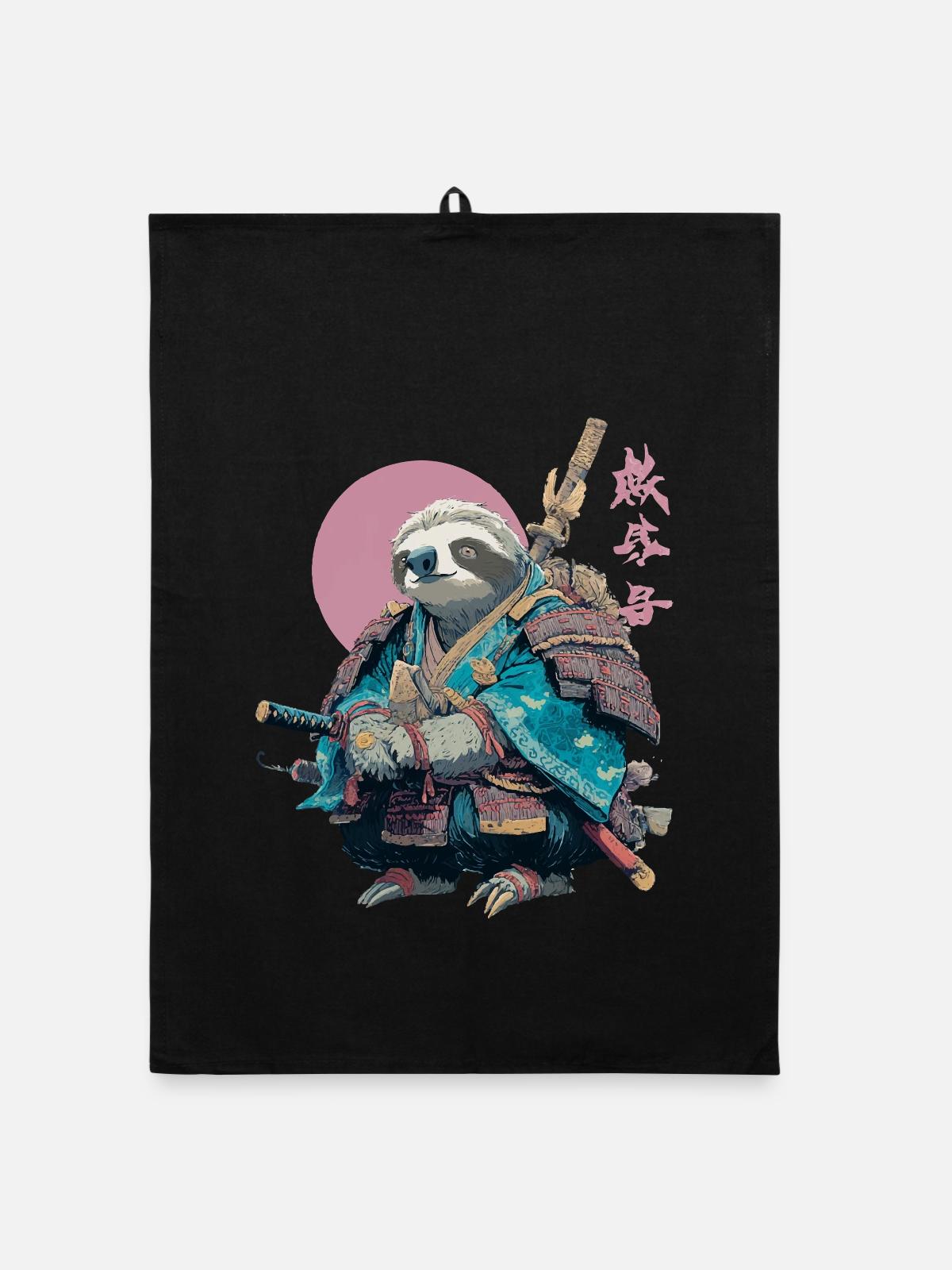 Faultier-Samurai in blauer Rüstung - Organic Geschirrtuch - Schwarz - Vorne