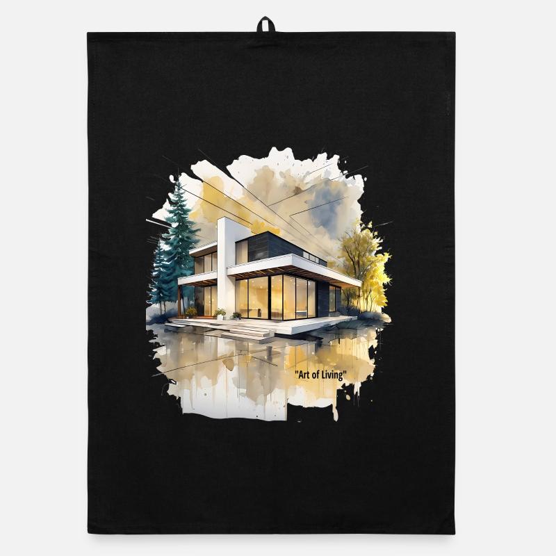Villa moderne aquarelle - Torchon bio - noir