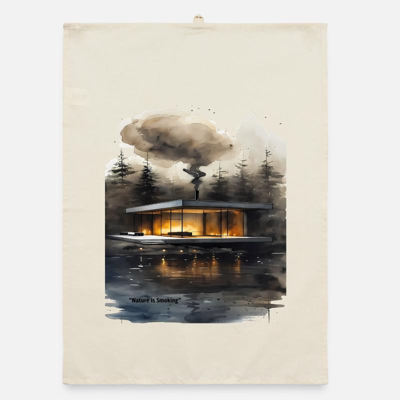 Cabane moderne éclairée par le feu sur le lac Torchon bio
