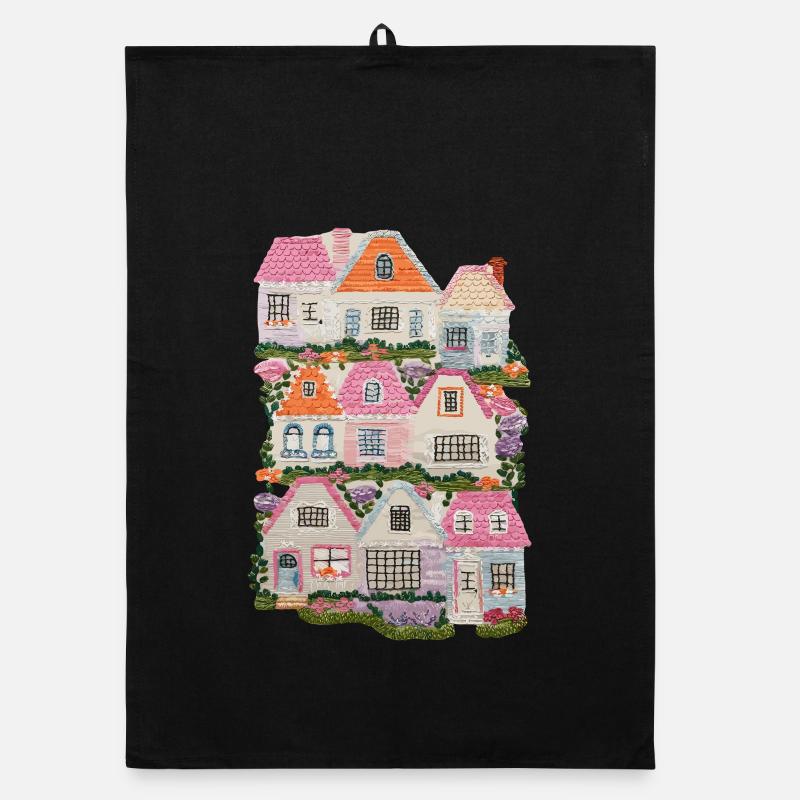  Bunte Häuser mit Blumen und Bäumen – Märchenhafte Organic Geschirrtuch