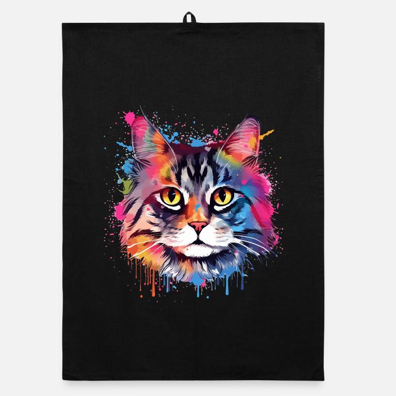 Colorful Splash Art American Bobtail Cat Face Organic dish towel
