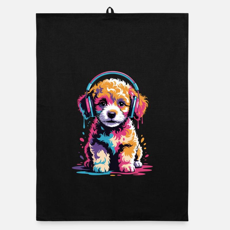 Maltipoo Welpe mit Kopfhörern Organic Geschirrtuch