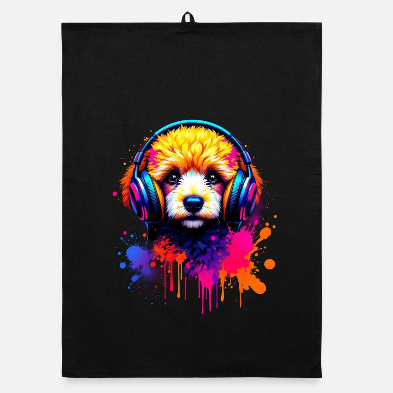 Chiot caniche avec un casque Torchon bio