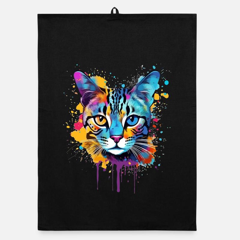 Visage de chat Mau égyptien avec des éclaboussures colorées Torchon bio
