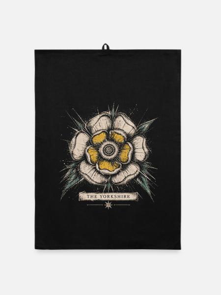 Das Yorkshire White Rose Vintage-Emblem-Design - Organic Geschirrtuch - Schwarz - Vorne