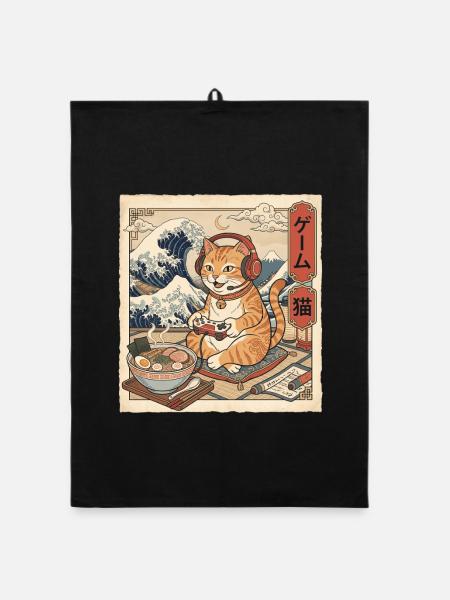Gamer-Katze isst Ramen Japanische Vintage-Kunst - Organic Geschirrtuch - Schwarz
