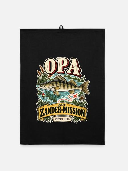 Opa Zander Angeln Mission Geschenk Shirt - Organic Geschirrtuch - Schwarz - Vorne