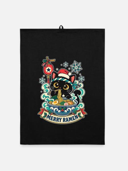 Kawaii-Katze Ramen Weihnachten - Organic Geschirrtuch - Schwarz
