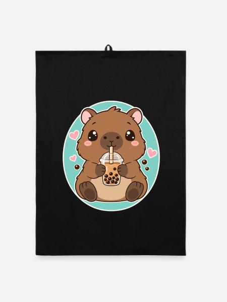 Capybara Boba Tea Kawaii Niedlich Tierliebhaber - Organic Geschirrtuch - Schwarz