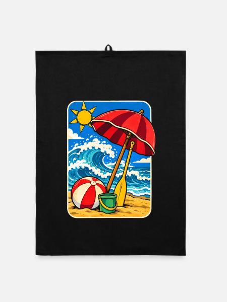 Retro Sunny Beach Day Illustration - Organic Geschirrtuch - Schwarz - Vorne