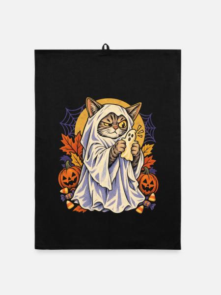 Halloween Katze im Geisterkostüm verspielte Spuk - Organic Geschirrtuch - Schwarz - Vorne