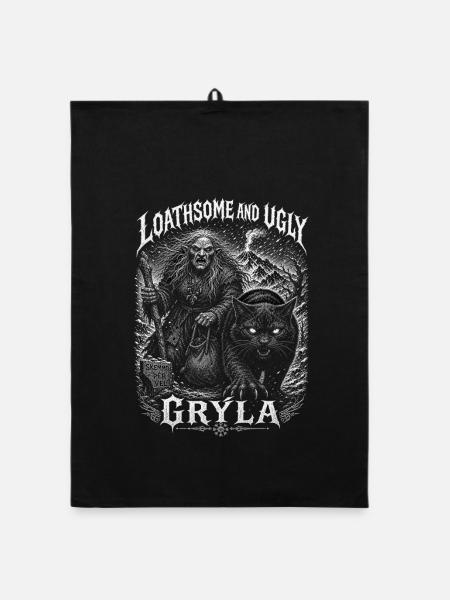 Grýla Julfest Troll mit Weihnachtskatze Nordische  - Organic Geschirrtuch - Schwarz - Vorne
