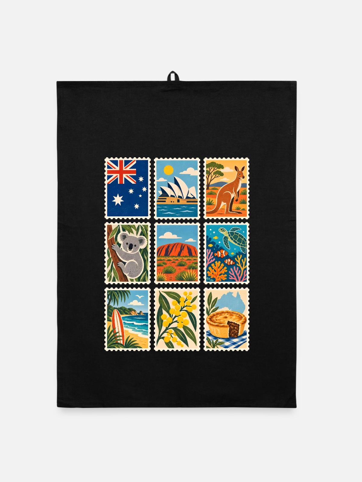 Australien Briefmarken - Organic Geschirrtuch - Schwarz - Vorne