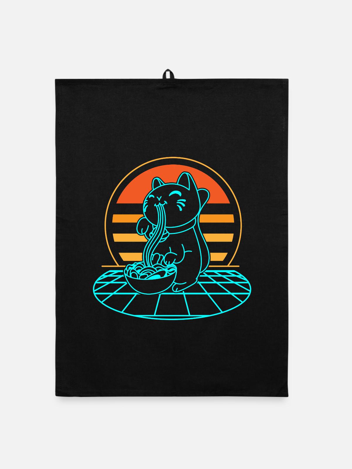Katze Ramen Retro - Organic Geschirrtuch - Schwarz - Vorne