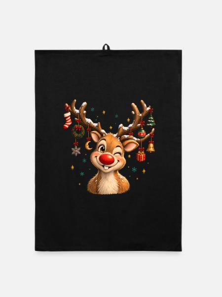 Vintage Christmas Reindeer, Cute Retro Reindeer - Organic Geschirrtuch - Schwarz - Vorne