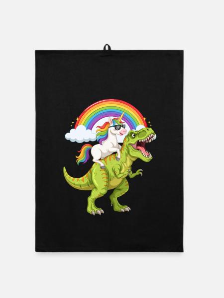 Einhorn reitet auf T-Rex unter Regenbogen - Organic Geschirrtuch - Schwarz - Vorne