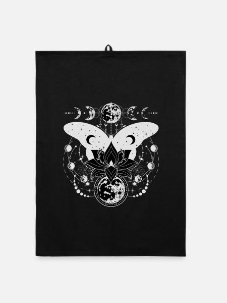 Mondphasen mit Lotusblume und einem Schmetterling - Organic Geschirrtuch - Schwarz