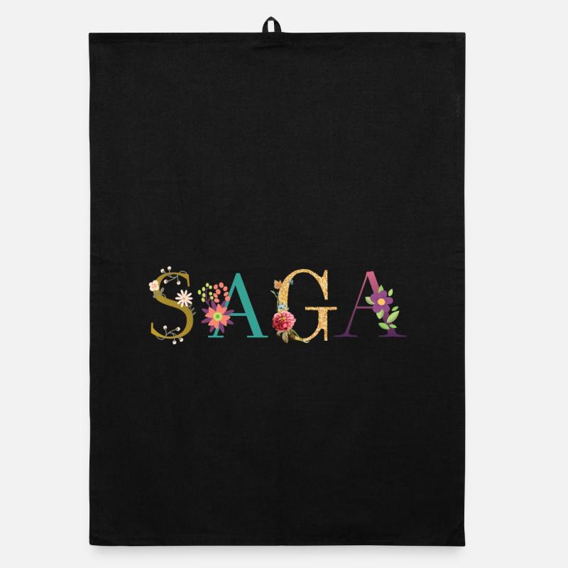Le nom de SAGA est décoré de fleurs Torchon bio