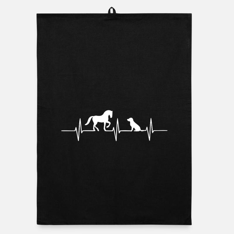 Battement de cœur : silhouette de cheval et de chien - Torchon bio - noir