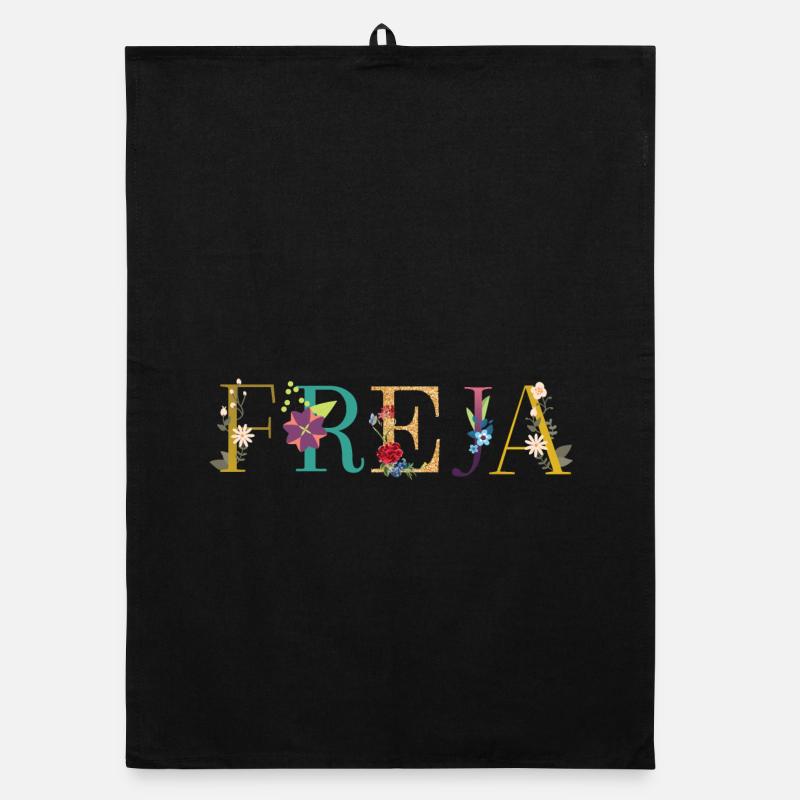 Le nom FREJA est décoré de fleurs Torchon bio
