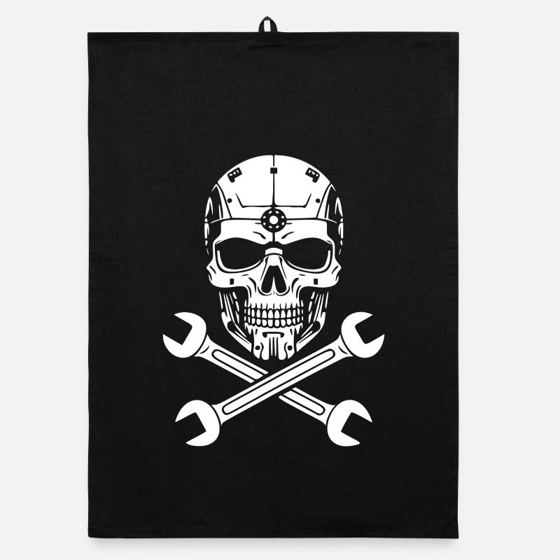 crane, tête de mort pirate mécanicien, mécano - Torchon bio - noir