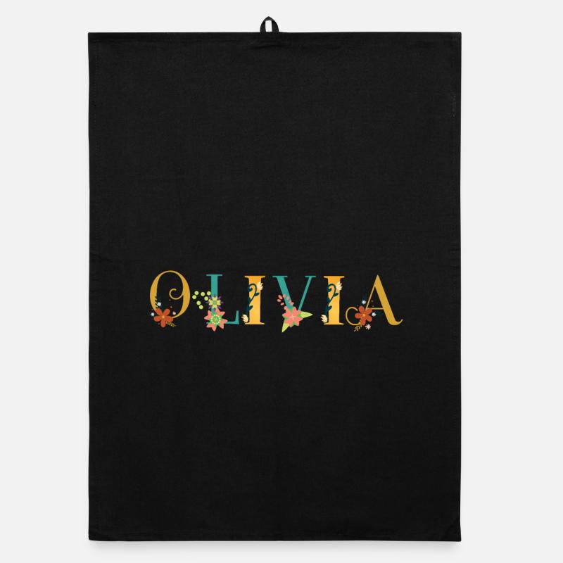 Art du nom OLIVIA avec des fleurs brodées Torchon bio