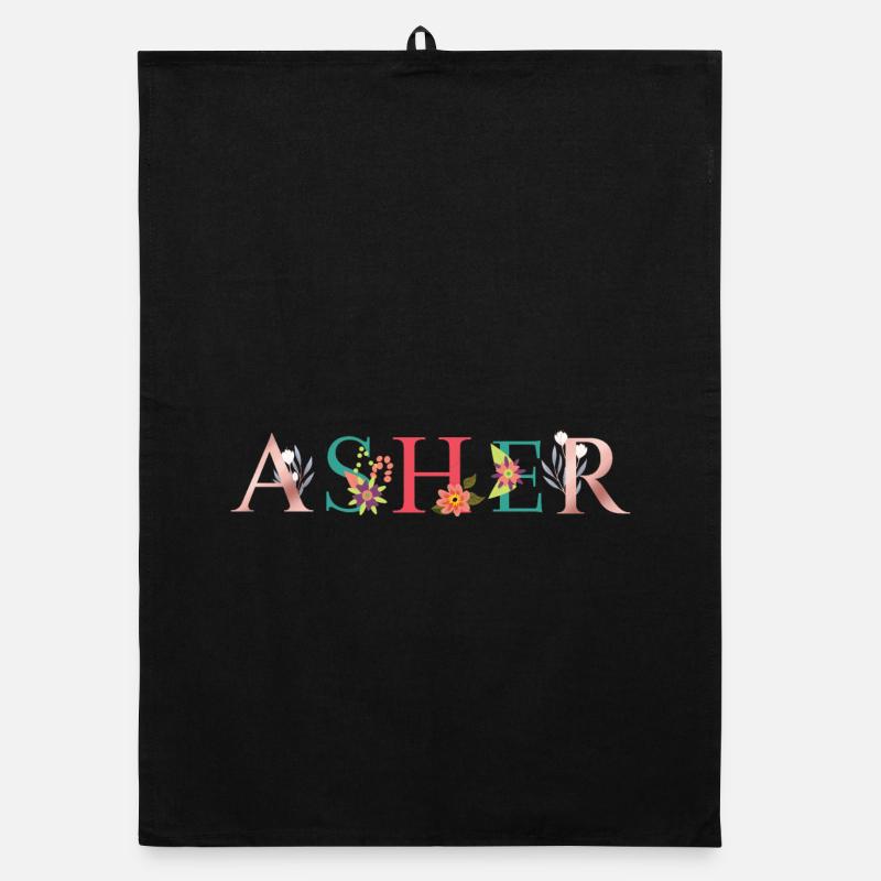 ASHER Namenskunst mit gestickten Blumen - Organic Geschirrtuch - Schwarz
