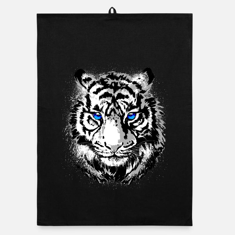 Tête de tigre - Tigre blanc - Chat sauvage - Torchon bio - noir