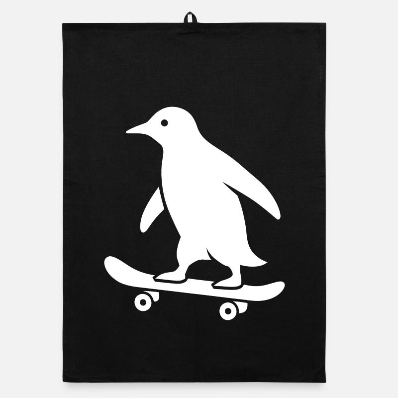 Silhouette minimaliste de pingouin skateboarder Torchon bio