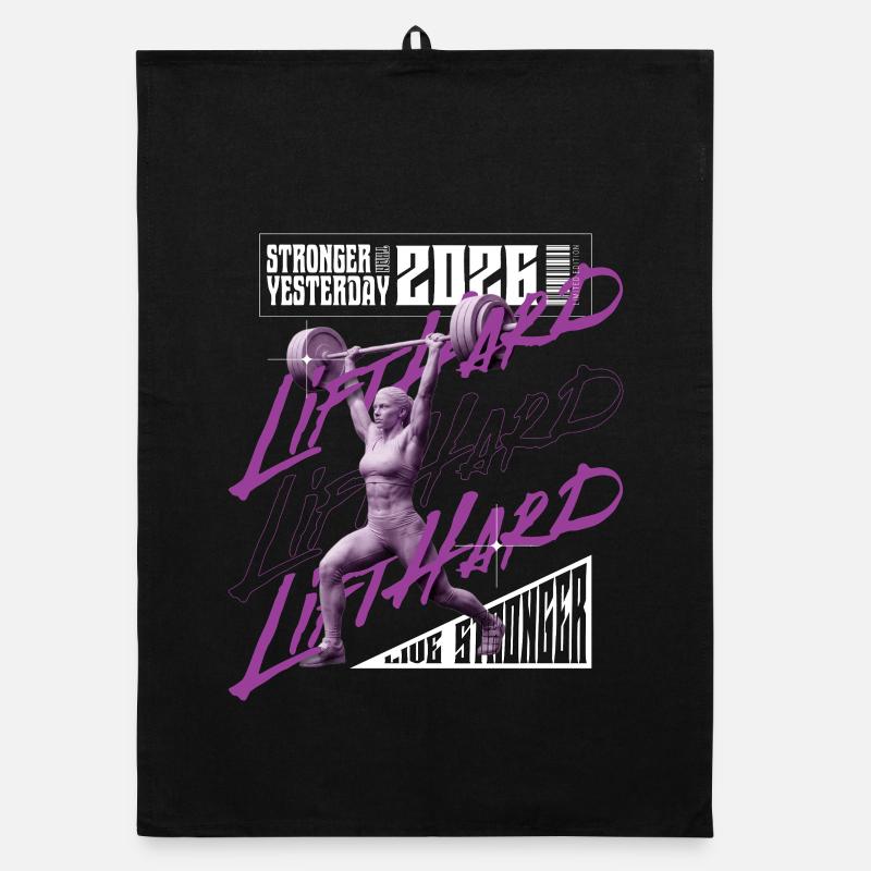 Weight lifting woman, purple pink light version Organic dish towel