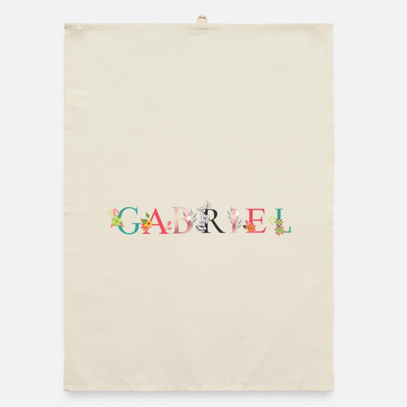 Art du nom GABRIEL avec des fleurs brodées Torchon bio