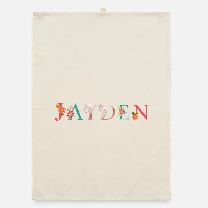 JAYDEN Prénom Art avec fleurs brodées Torchon bio