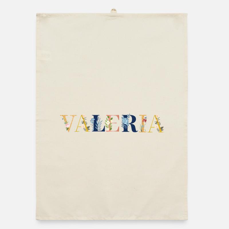 Art du nom VALERIA avec des fleurs brodées Torchon bio