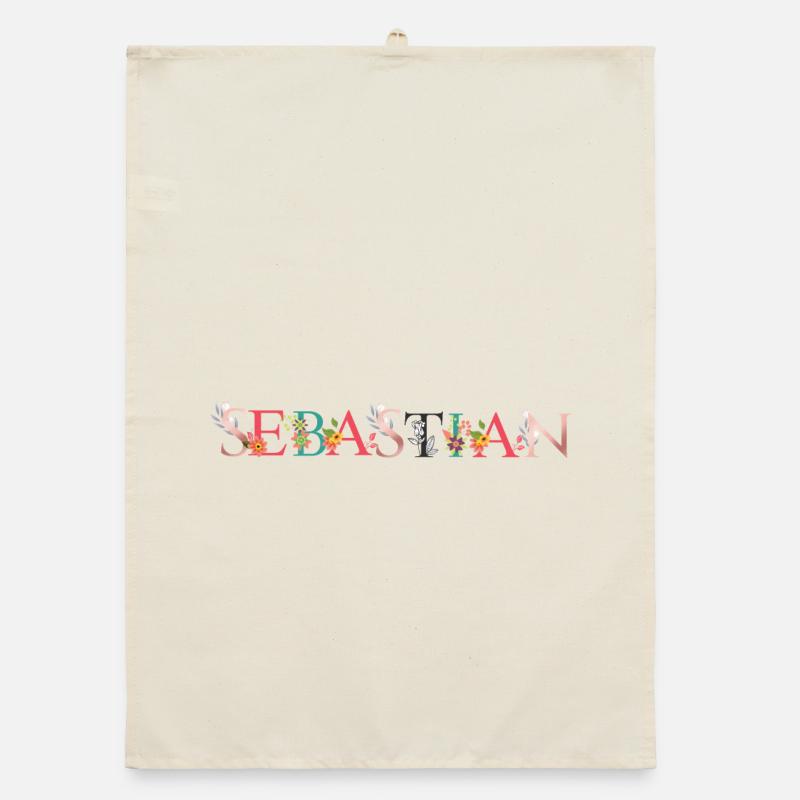 SEBASTIAN Art du nom avec fleurs brodées Torchon bio