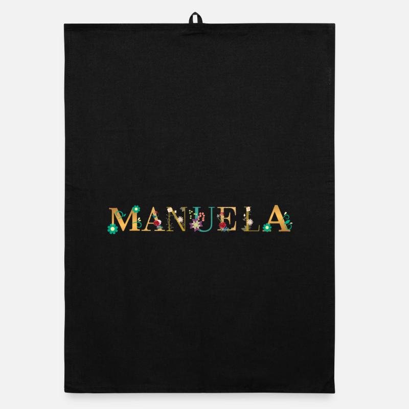 Le nom de MANUELA est orné de fleurs Torchon bio