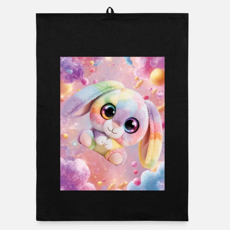 Rainbow cuddly bunny in the magic room Organic dish towel