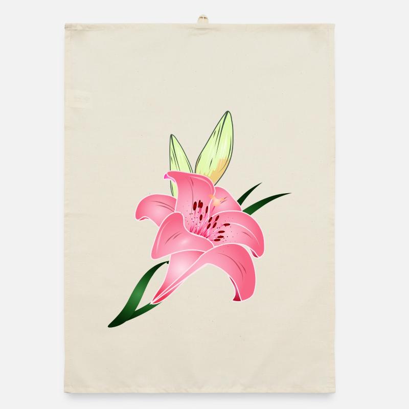 pink lily bloom with two buds Organic dish towel