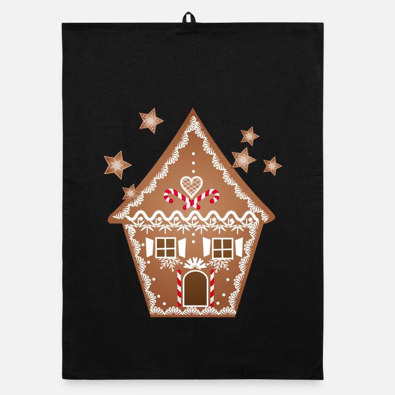uriges Lebkuchen Haus mit Lebkuchen Sterne - Organic Geschirrtuch - Schwarz